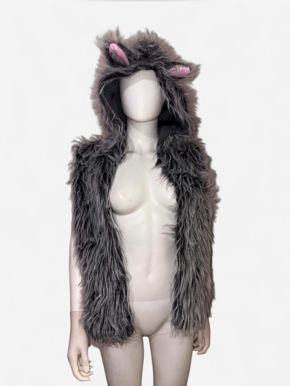 Gray Furry Hooded Sleeveless Costume Vest with Pink-Trimmed Ears